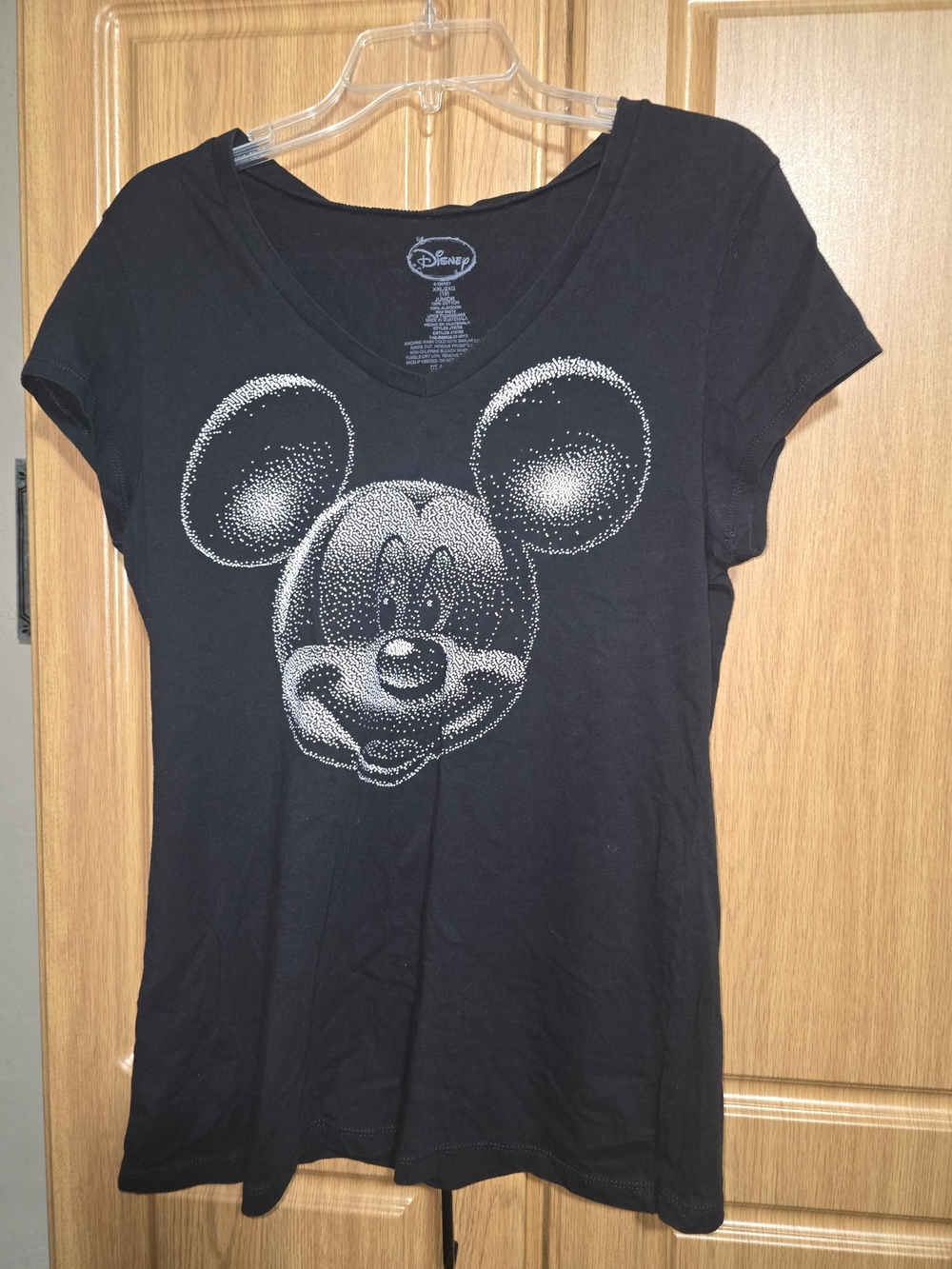 Disney Black V-Neck Tee with Silver Mickey Dot Graphic